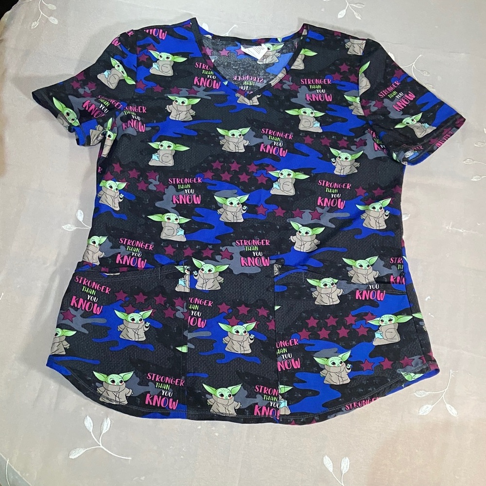 Star Wars Woman Scrub / Uniform Top Black, Green and Blue Yoda Patterns Small